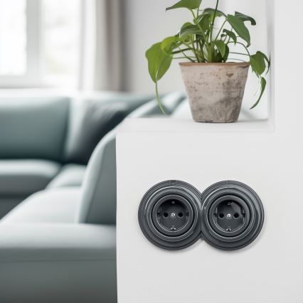 Reblig - Double Retro SCHUKO Wall Socket with Frame, 230V, Anthracite