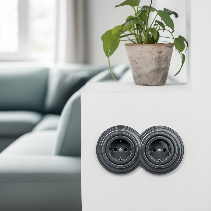 Reblig - Double Retro SCHUKO Wall Socket with Frame, 230V, Anthracite