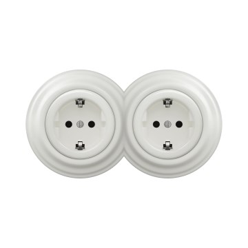Reblig - Double Retro Schuko Wall Socket with Frame, 230V, Ceramic, White
