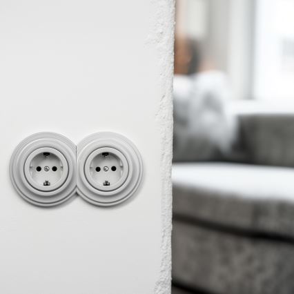Reblig - Double Retro Schuko Wall Socket with Frame, 230V, Ceramic, White