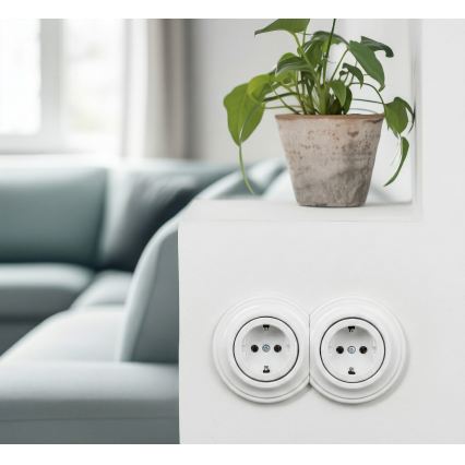 Reblig - Double Retro SCHUKO Wall Socket with Frame, 230V, Snow White
