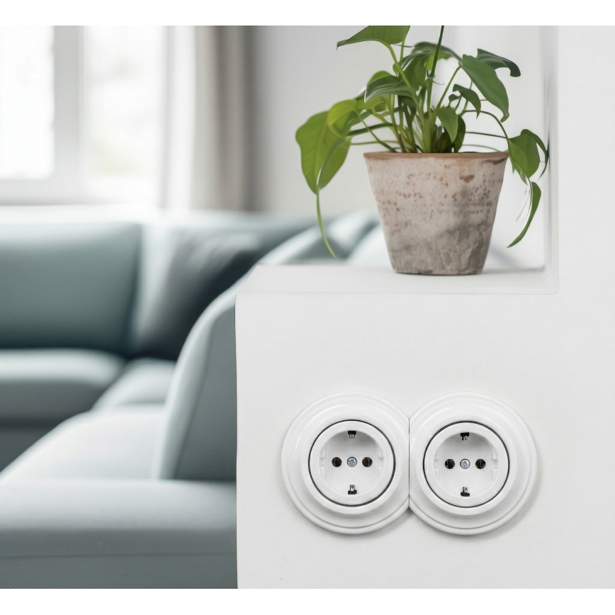 Reblig - Double Retro SCHUKO Wall Socket with Frame, 230V, Snow White