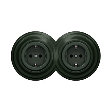 Reblig - Double retro-style domestic SCHUKO socket with frame, 230 V, green