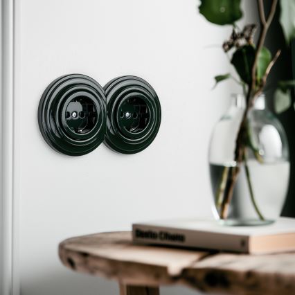 Reblig - Double retro-style domestic SCHUKO socket with frame, 230 V, green
