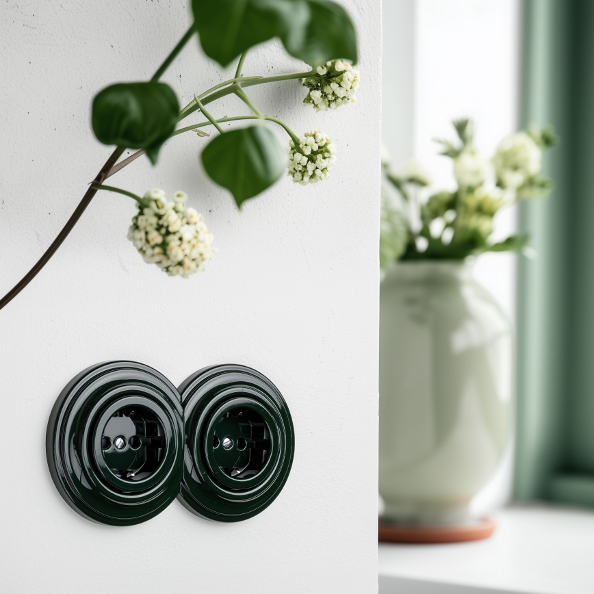 Reblig - Double retro-style domestic SCHUKO socket with frame, 230 V, green