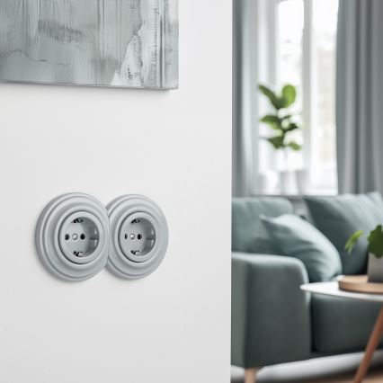 Reblig - Double retro-style SCHUKO household socket with frame, 230V, grey