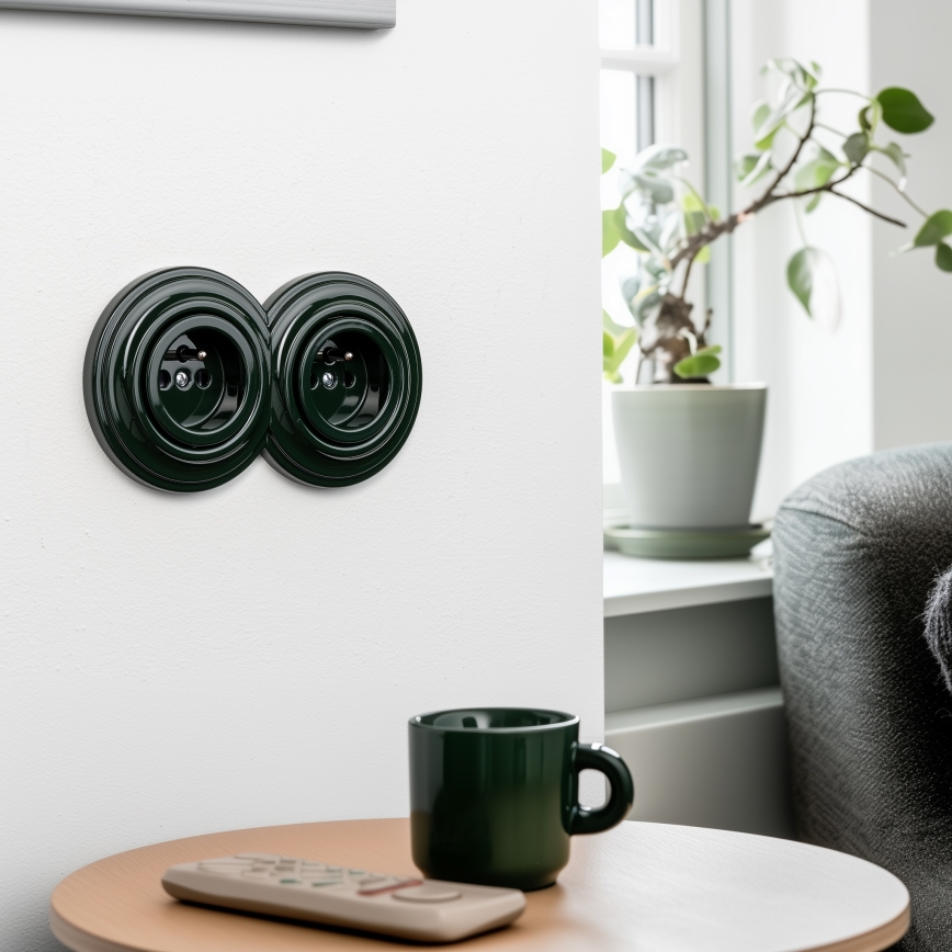 Reblig - Double retro wall socket with frame, 230 V, green