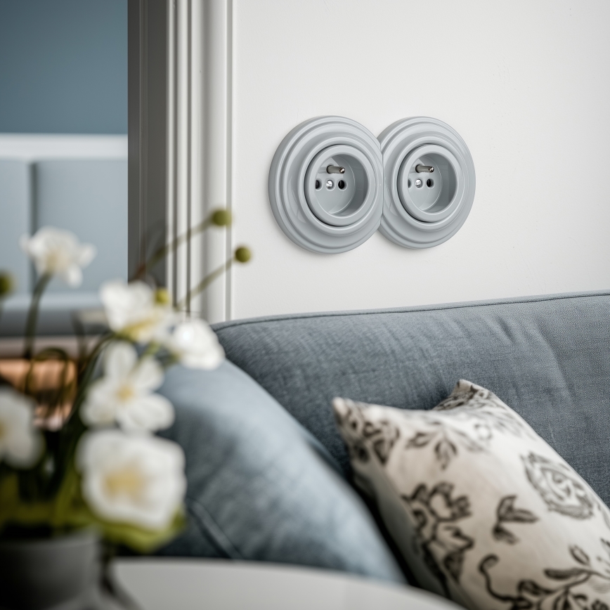 Reblig - Double Retro Wall Socket with Frame, 230 V, Grey