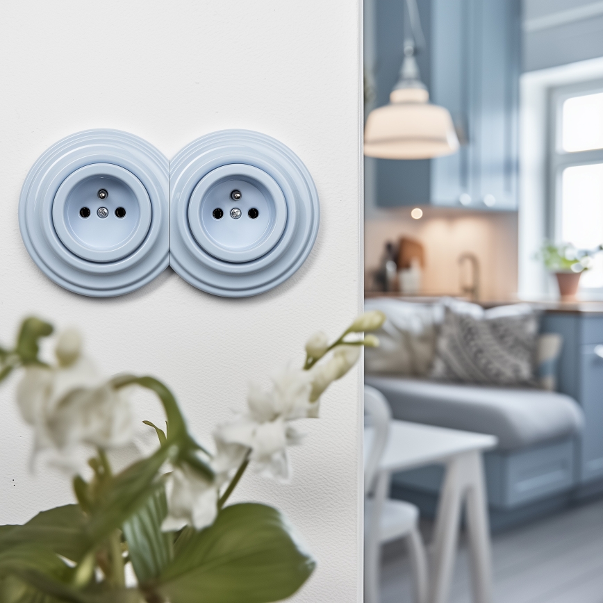 Reblig - Double retro wall socket with frame, 230V, blue