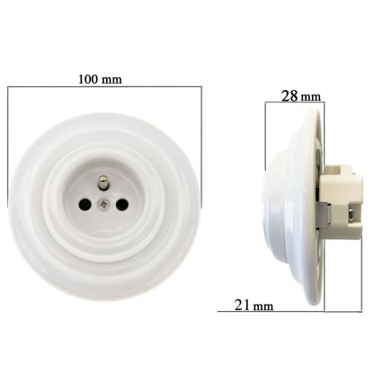 Reblig - Porcelain retro-style wall outlet with decorative frame, 250V/16A, white