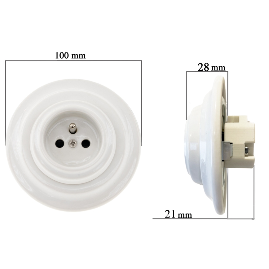 Reblig - Porcelain retro-style wall outlet with decorative frame, 250V/16A, white