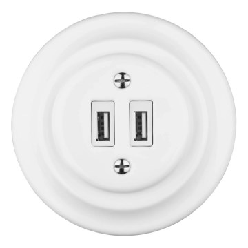 Reblig - Porcelain Retro USB Power Outlet with Frame, 2x USB-A, White
