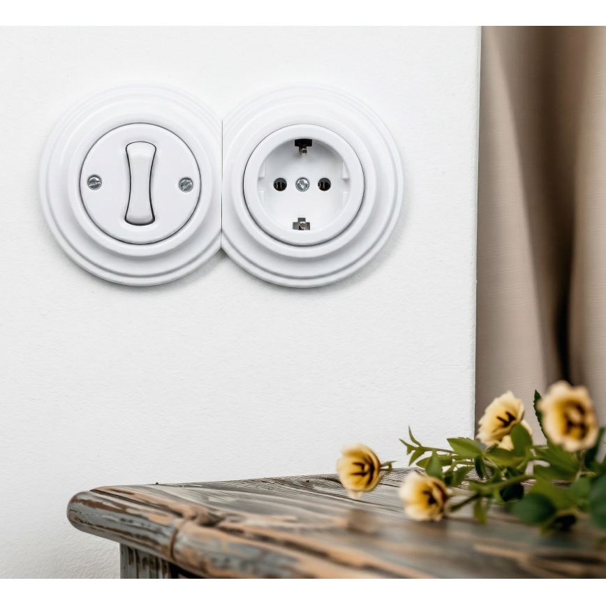 Reblig - Retro 1-gang single-pole switch and SCHUKO 230 V outlet with snow-white frame