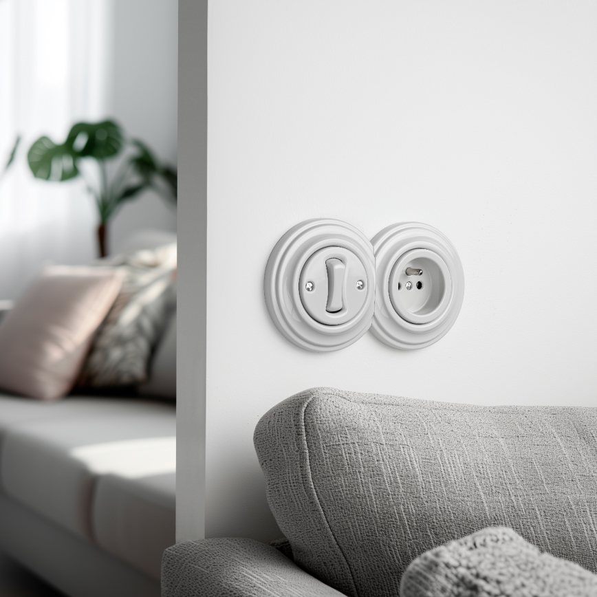 Reblig Retro 1-gang single-pole switch No. 1 and 230V socket with ceramic frame, white