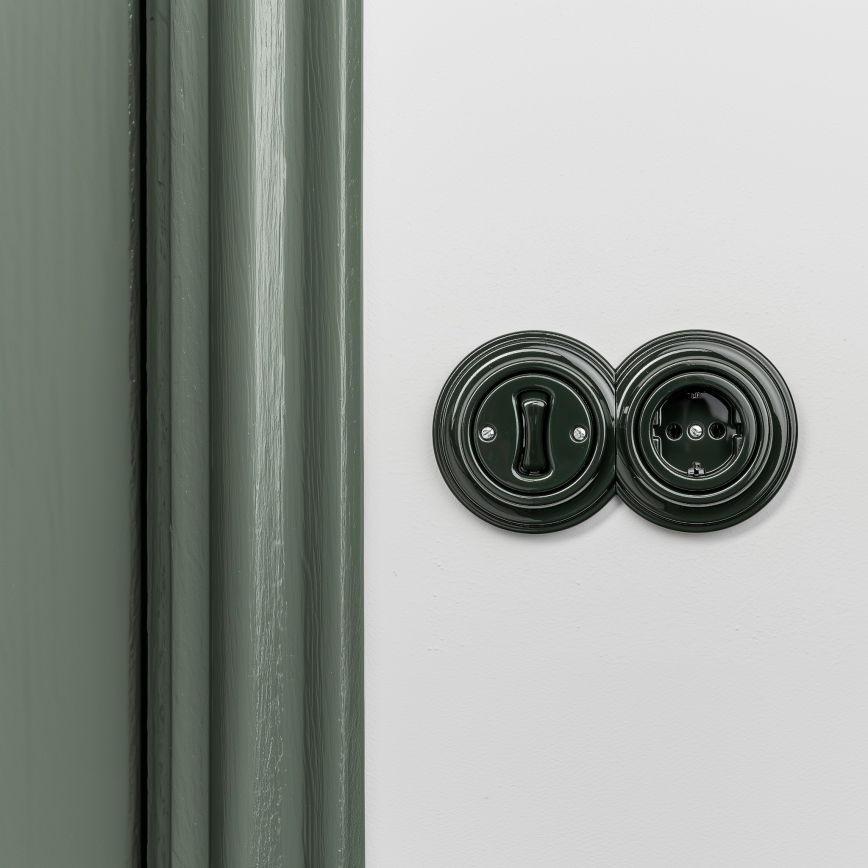 Reblig - Retro 1-gang single-pole switch No. 1 and SCHUKO 230V socket with frame, green