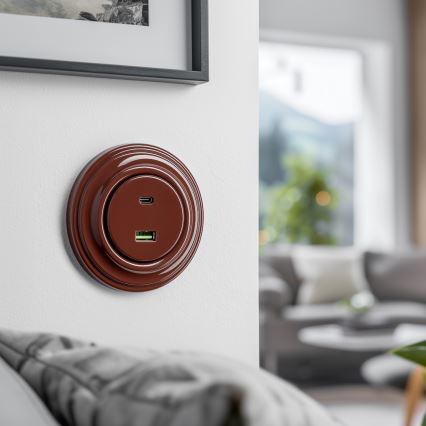 Reblig - Retro A+C USB Outlet with Frame, Brown