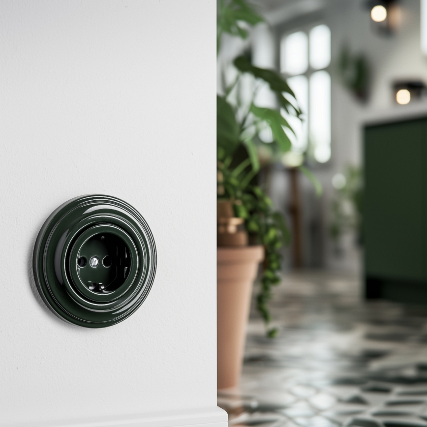 Reblig - Retro frameless SCHUKO residential socket, 230V/16A, green