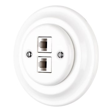 Reblig - Retro porcelain Ethernet wall plate with frame, 2x Cat5e, white