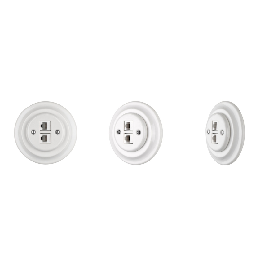 Reblig - Retro porcelain Ethernet wall plate with frame, 2x Cat5e, white