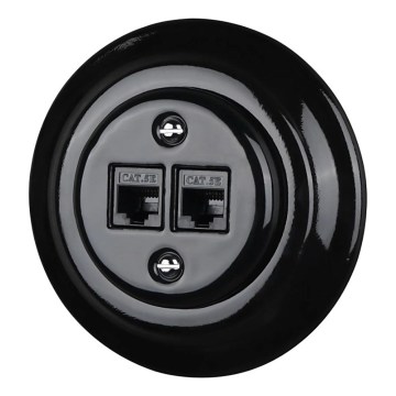 Reblig - Retro Porcelain Ethernet Wall Socket with Frame, 2× CAT5e, Black