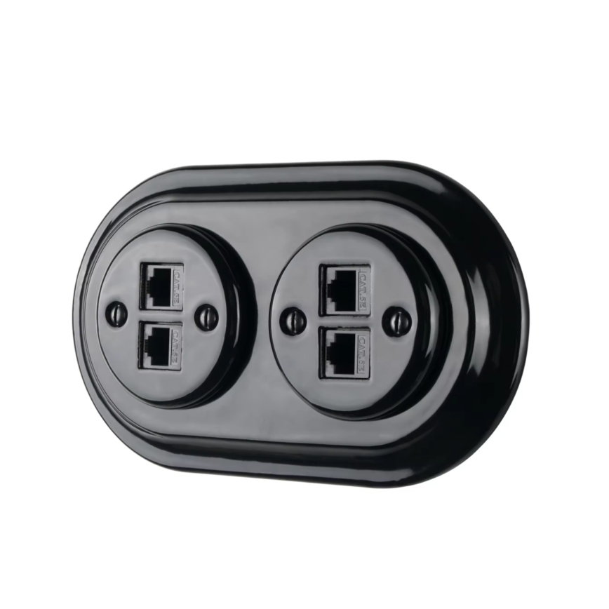 Reblig - Retro Porcelain Ethernet Wall Socket with Frame, 2× CAT5e, Black