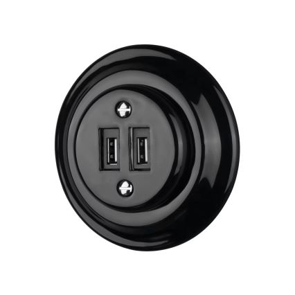 Reblig - Retro Porcelain USB Power Outlet with Frame, 2x USB-A, Black