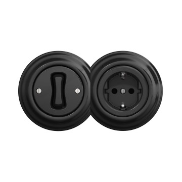 Reblig - Retro Single-Pole Switch No. 1 and SCHUKO 230V Socket with Frame, Black