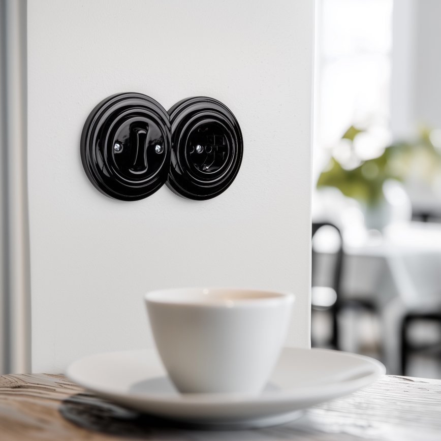 Reblig - Retro Single-Pole Switch No. 1 and SCHUKO 230V Socket with Frame, Black
