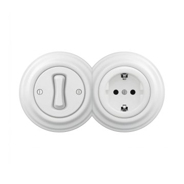 Reblig - Retro single-pole switch No. 1 and SCHUKO 230V socket with snow-white frame