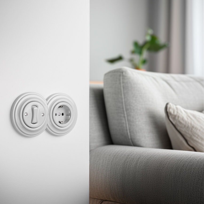 Reblig - Retro single-pole switch No. 1 and SCHUKO 230V socket with white ceramic frame