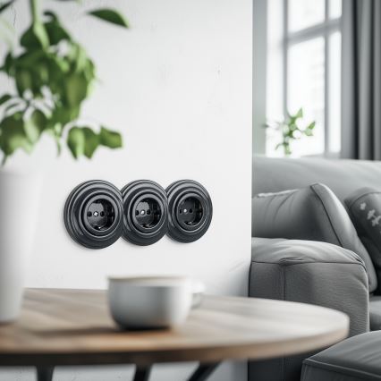 Reblig - Retro Triple SCHUKO 230 V Household Socket with Frame, Anthracite