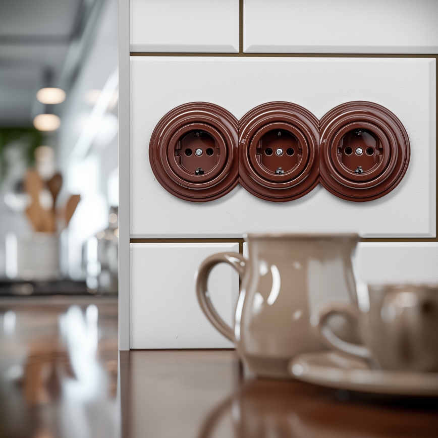 Reblig - Three-Gang Retro SCHUKO Wall Socket with Frame, 230V, Brown