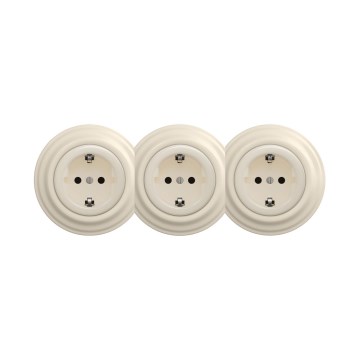 Reblig - Triple Retro Residential Schuko Socket with Frame, 230 V, Beige