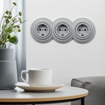 Reblig - Triple Retro Schuko 230 V Home Socket with Frame, Grey