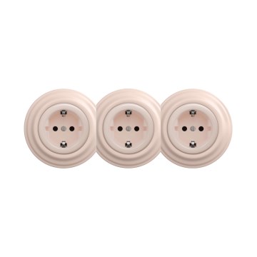 Reblig - Triple retro SCHUKO residential wall socket with frame, 230V, Dusty Rose