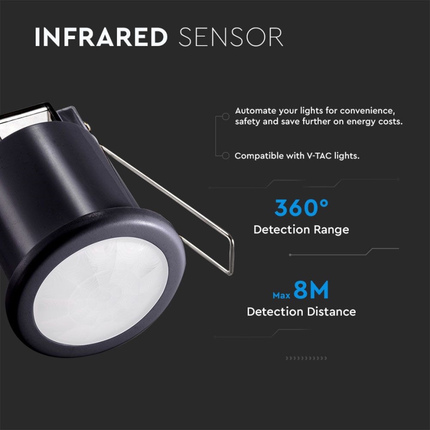 Recessed motion sensor PIR 360° 400W/230V black