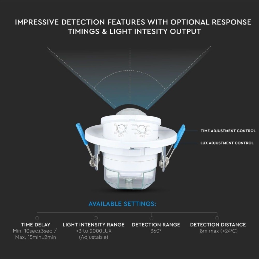 Recessed motion sensor PIR 360° 400W/230V white