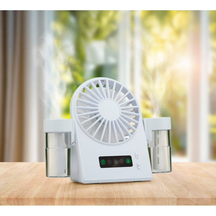 Rechargeable desktop fan with misting effect, 3.7 V, 1200 mAh
