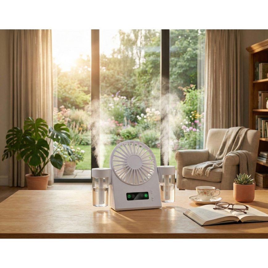 Rechargeable desktop fan with misting effect, 3.7 V, 1200 mAh
