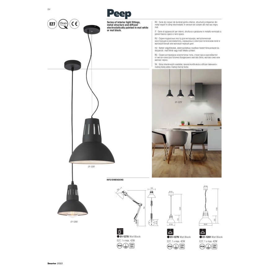 Redo 01-1279 - Cable pendant light PEEP 1xE27/42W/230V Ø 16.5 cm black