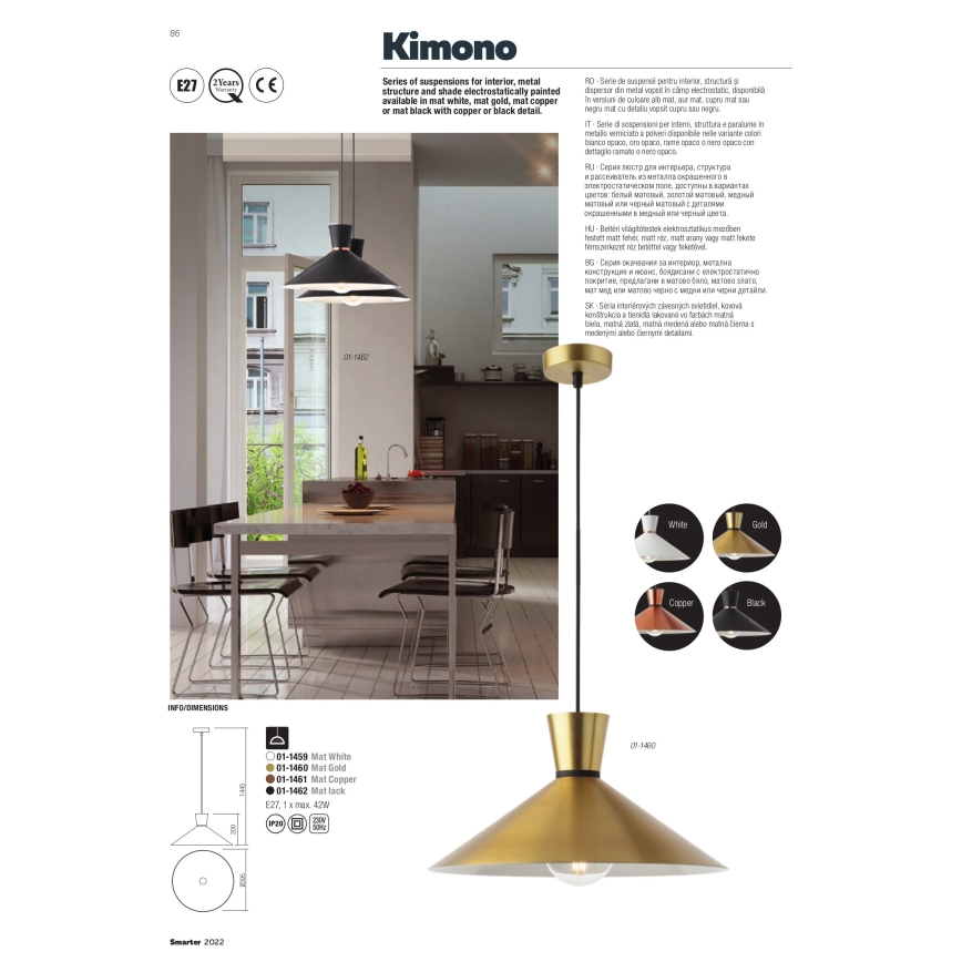 Redo 01-1460 - Chandelier on a string KIMONO 1xE27/42W/230V d. 39,5 cm gold