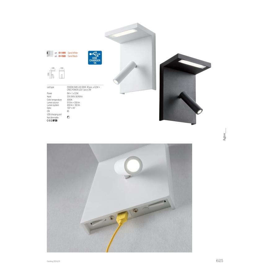 Redo 01-1500 - LED Wall spotlight AGOS LED/6W/230V + LED/3,2W USB black