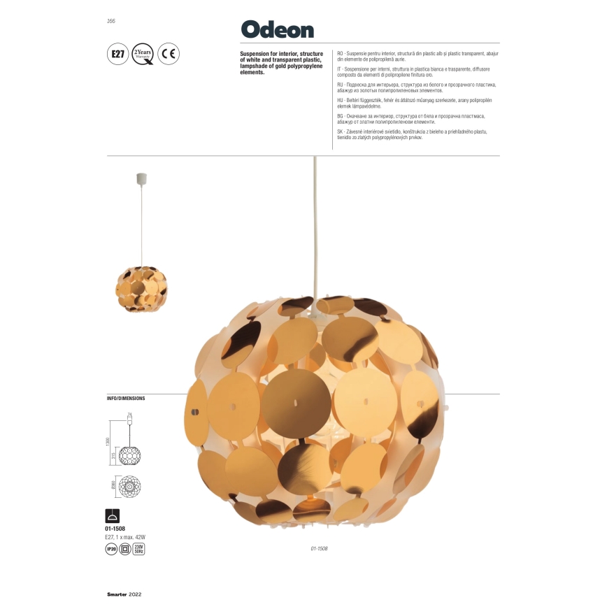 Redo 01-1508 - Chandelier on a string ODEON 1xE27/42W/230V d. 36 cm gold