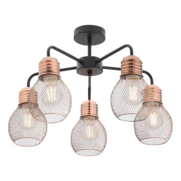 Redo 01-1577 - EDISON Rod Chandelier, 5×E27 (max. 42W) / 230V, Ø 53 cm, Black/Copper