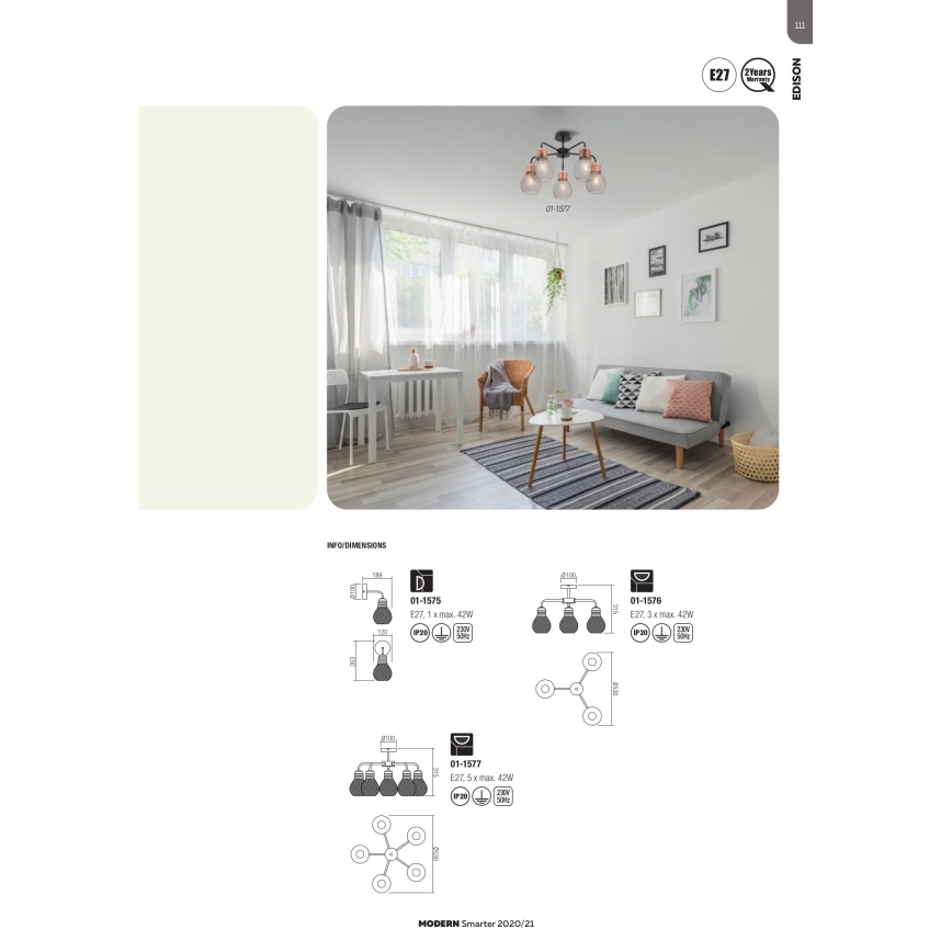 Redo 01-1577 - EDISON Rod Chandelier, 5×E27 (max. 42W) / 230V, Ø 53 cm, Black/Copper