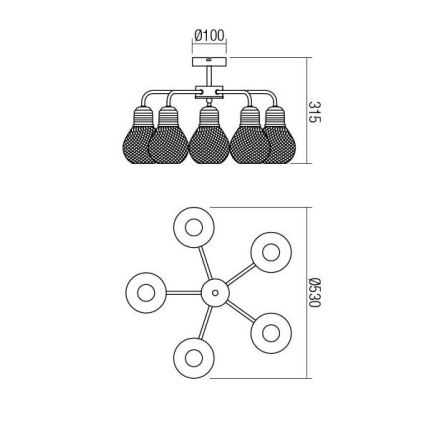 Redo 01-1577 - EDISON Rod Chandelier, 5×E27 (max. 42W) / 230V, Ø 53 cm, Black/Copper