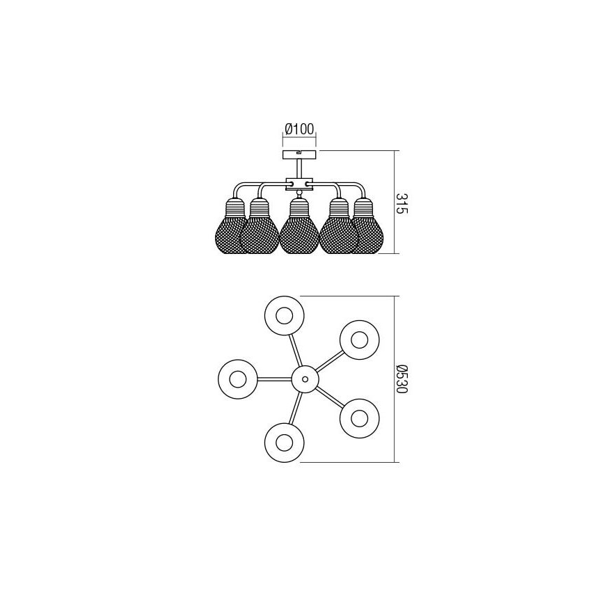 Redo 01-1577 - EDISON Rod Chandelier, 5×E27 (max. 42W) / 230V, Ø 53 cm, Black/Copper