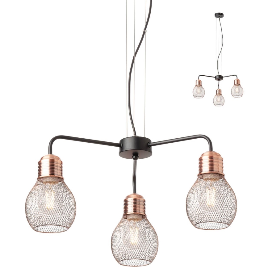 Redo 01-1579 - EDISON Cable Chandelier 3xE27/42W/230V Ø 53 cm Black/Copper