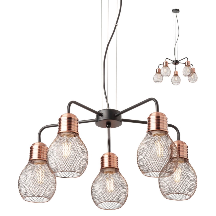 Redo 01-1580 - Cable-hung chandelier EDISON 5xE27/42W/230V Ø 53 cm Black/Copper