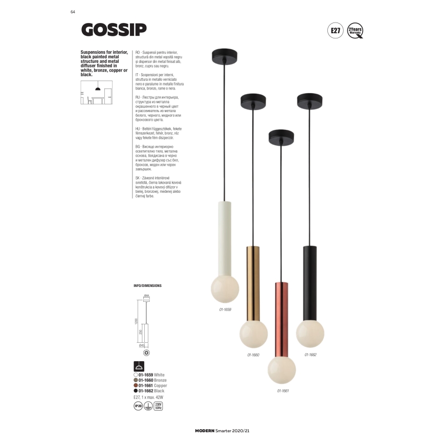 Redo 01-1661 - Chandelier on a string GOSSIP 1xE27/42W/230V copper